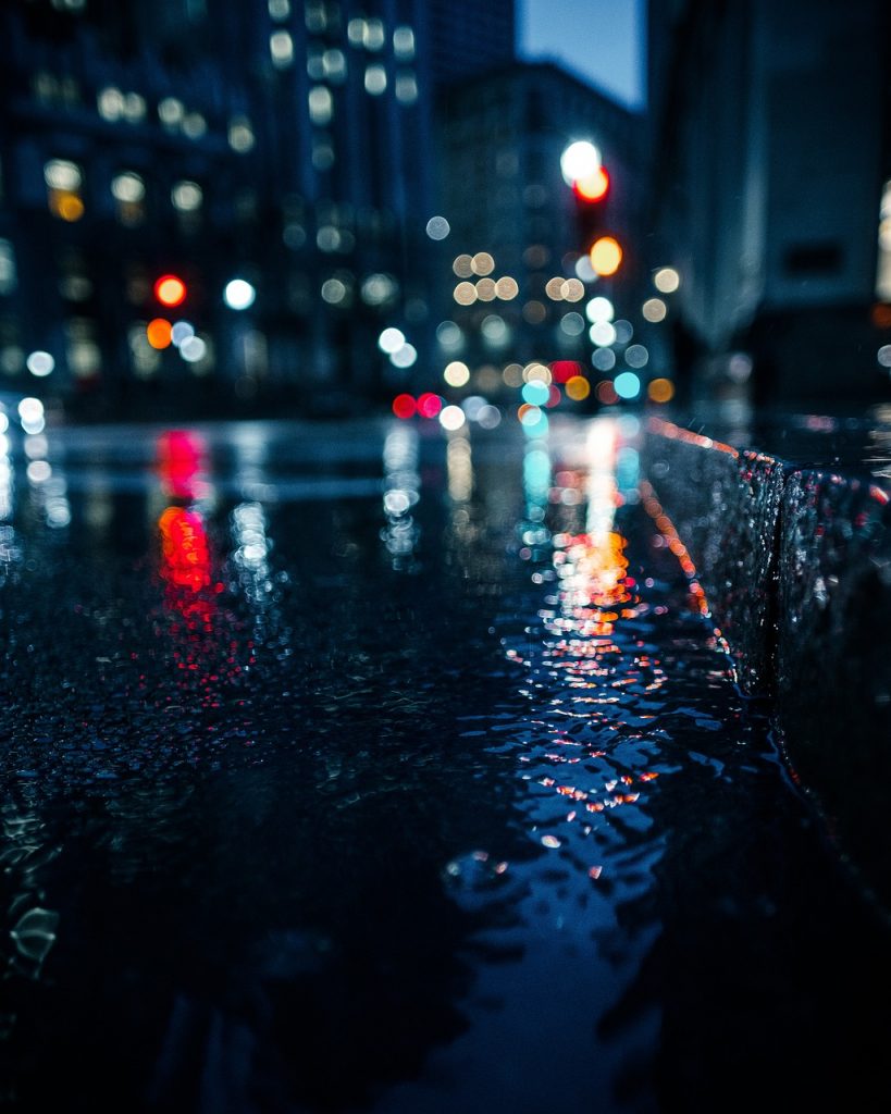 bokeh lights, wet, gutter, street gutter, street, pavement, sidewalk, bokeh, lights, night, dark, urban, city, nature, city lights, night photography, street photography, rain